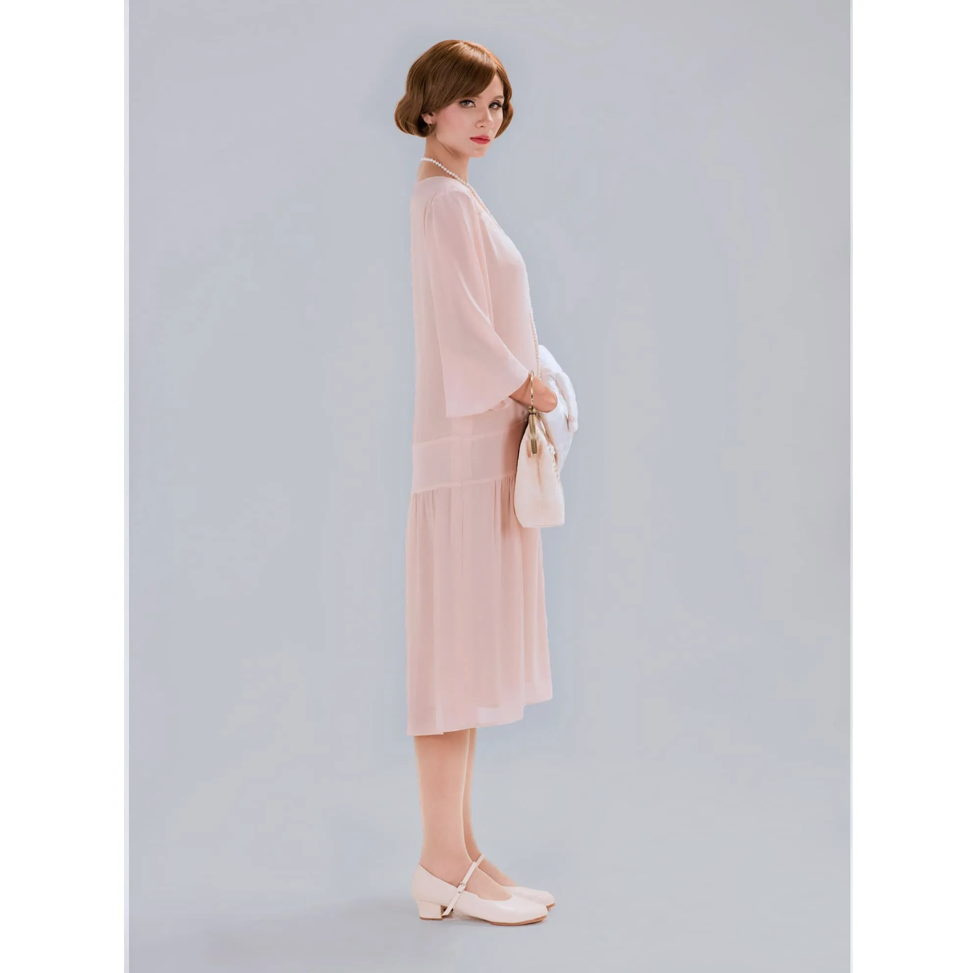 1920s Great Gatsby dress in nude with elbow length sleeves