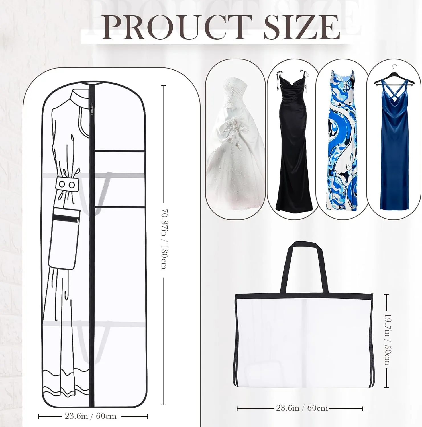 AiQInu Garment Protector Cover, 180 x 60 cm, Polyvinyl Chloride, Transparent, Zipper, Suit storage bag for Wedding Dresses, Evening Dresses, Coats