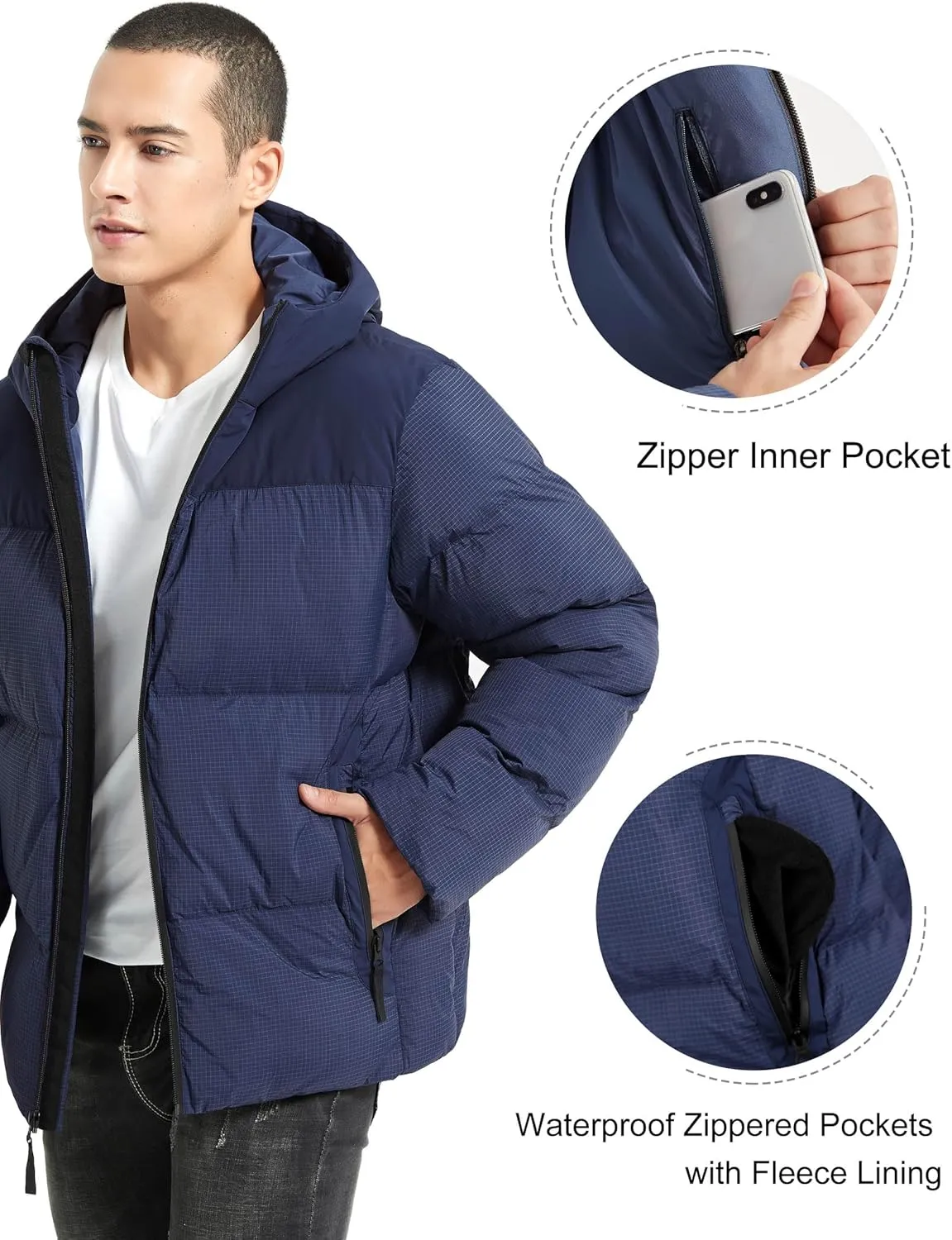 Bakery Men's Puffer Jacket with Hood Waterproof Quilted Thicken Warm Winter Coat Insulated Parka Jacket Ski Coat