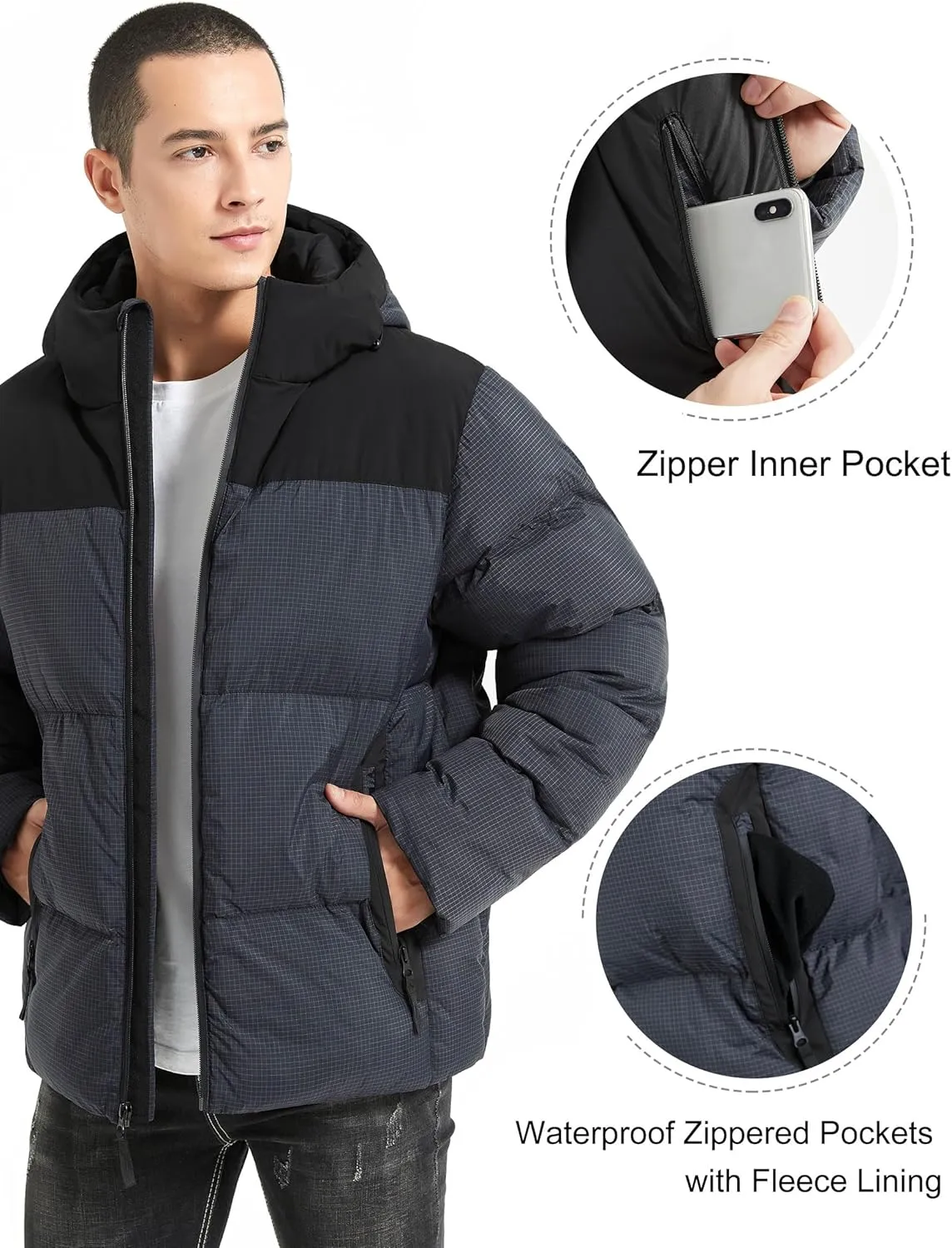 Bakery Men's Puffer Jacket with Hood Waterproof Quilted Thicken Warm Winter Coat Insulated Parka Jacket Ski Coat