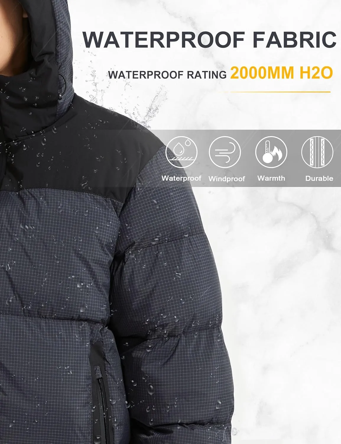 Bakery Men's Puffer Jacket with Hood Waterproof Quilted Thicken Warm Winter Coat Insulated Parka Jacket Ski Coat
