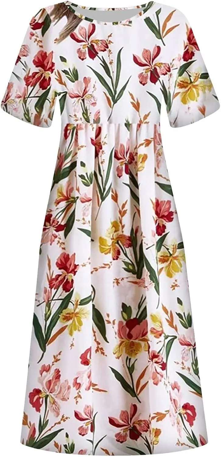 Beach Dresses for Women,2023 Summer Trendy Floral Flowy Ruched Boho Dress,Ladies Casual Maxi Dress with Pockets