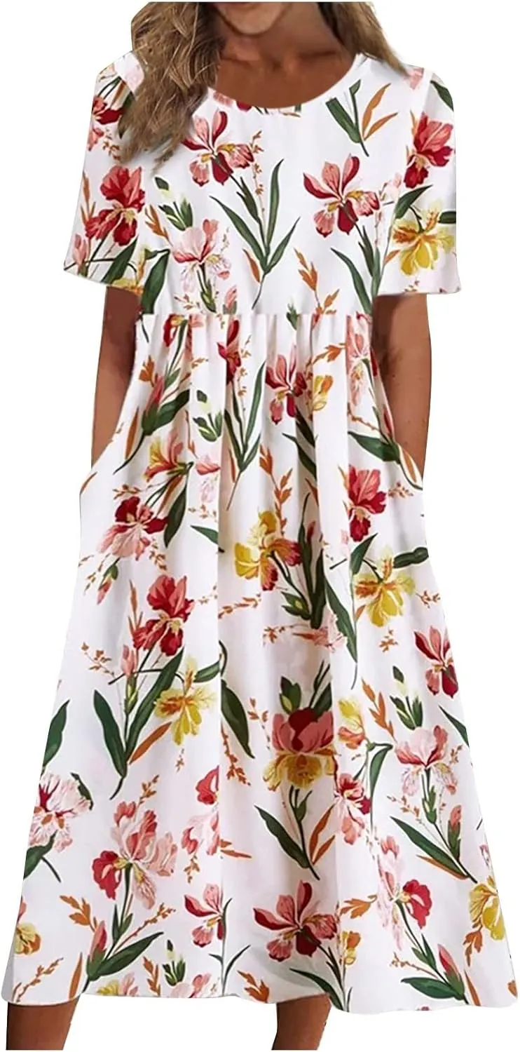 Beach Dresses for Women,2023 Summer Trendy Floral Flowy Ruched Boho Dress,Ladies Casual Maxi Dress with Pockets