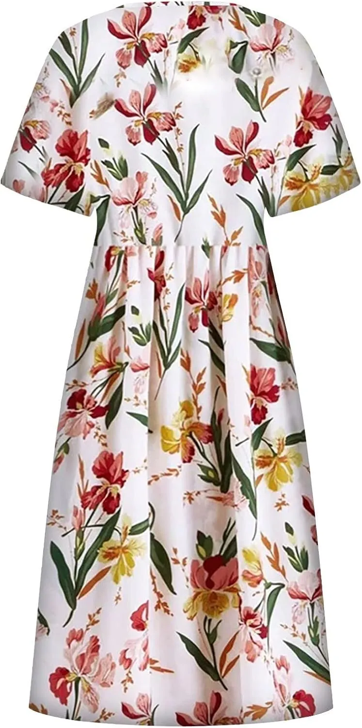 Beach Dresses for Women,2023 Summer Trendy Floral Flowy Ruched Boho Dress,Ladies Casual Maxi Dress with Pockets