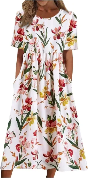 Beach Dresses for Women,2023 Summer Trendy Floral Flowy Ruched Boho Dress,Ladies Casual Maxi Dress with Pockets