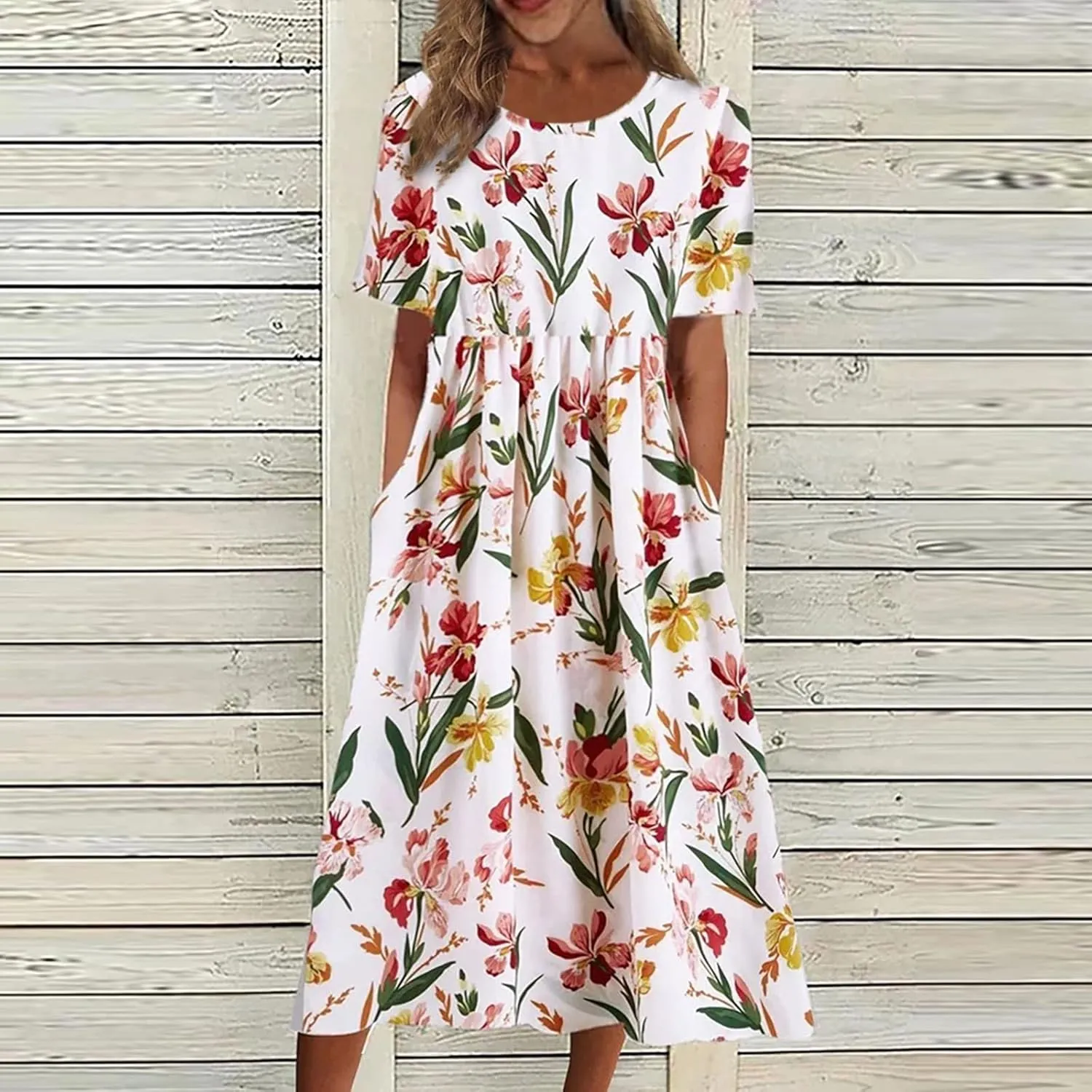 Beach Dresses for Women,2023 Summer Trendy Floral Flowy Ruched Boho Dress,Ladies Casual Maxi Dress with Pockets