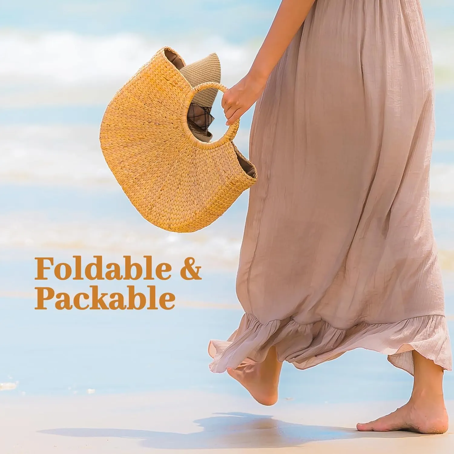 Beach Sun Straw Hats for Women, UPF 50  UV Sun Protection Wide Brim Summer Straw Hat Foldable Packable Roll up Cap