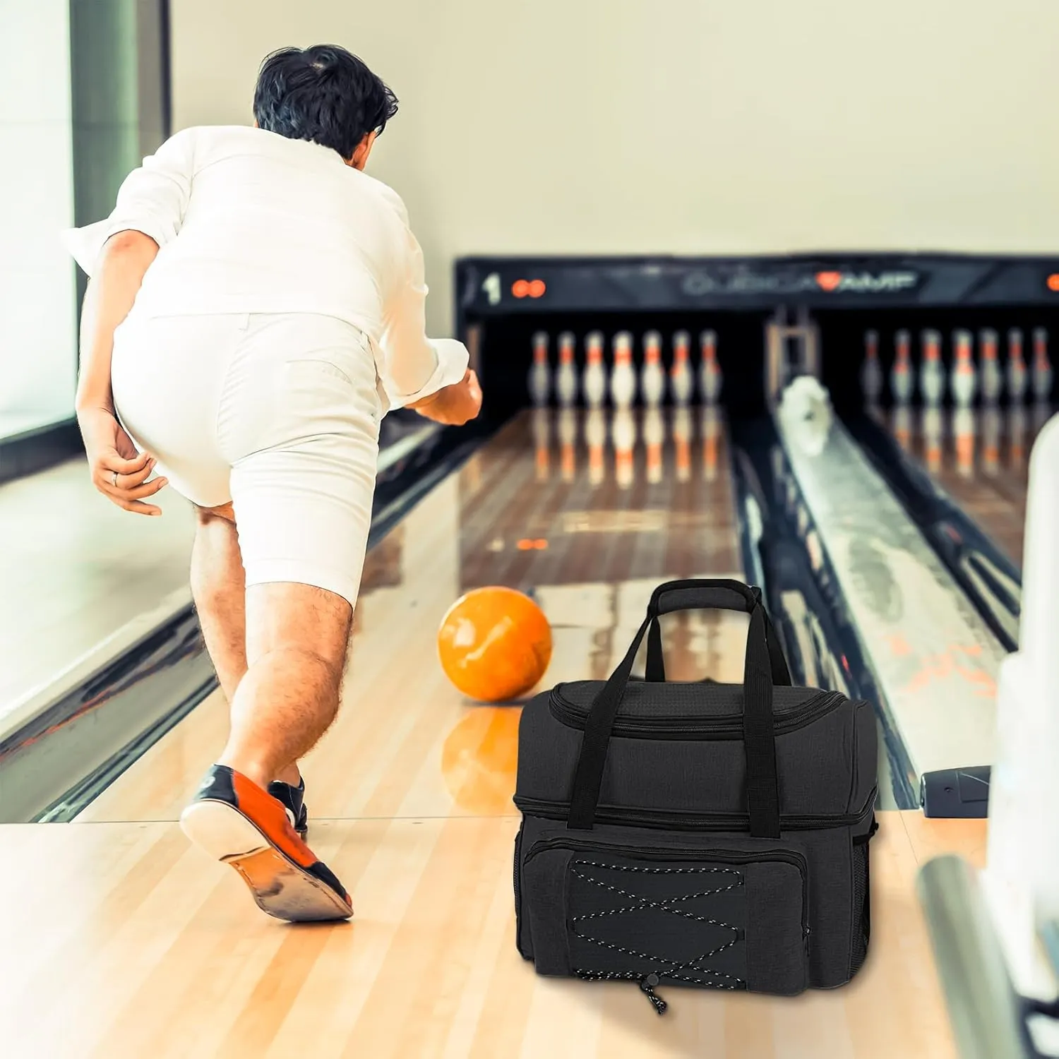 Bowling Ball Bag 2 Ball with Padded Holder Portable Double Bowling Totes with Adjustable Shoulder Strap Large Capacity Bowling Gear Organizer