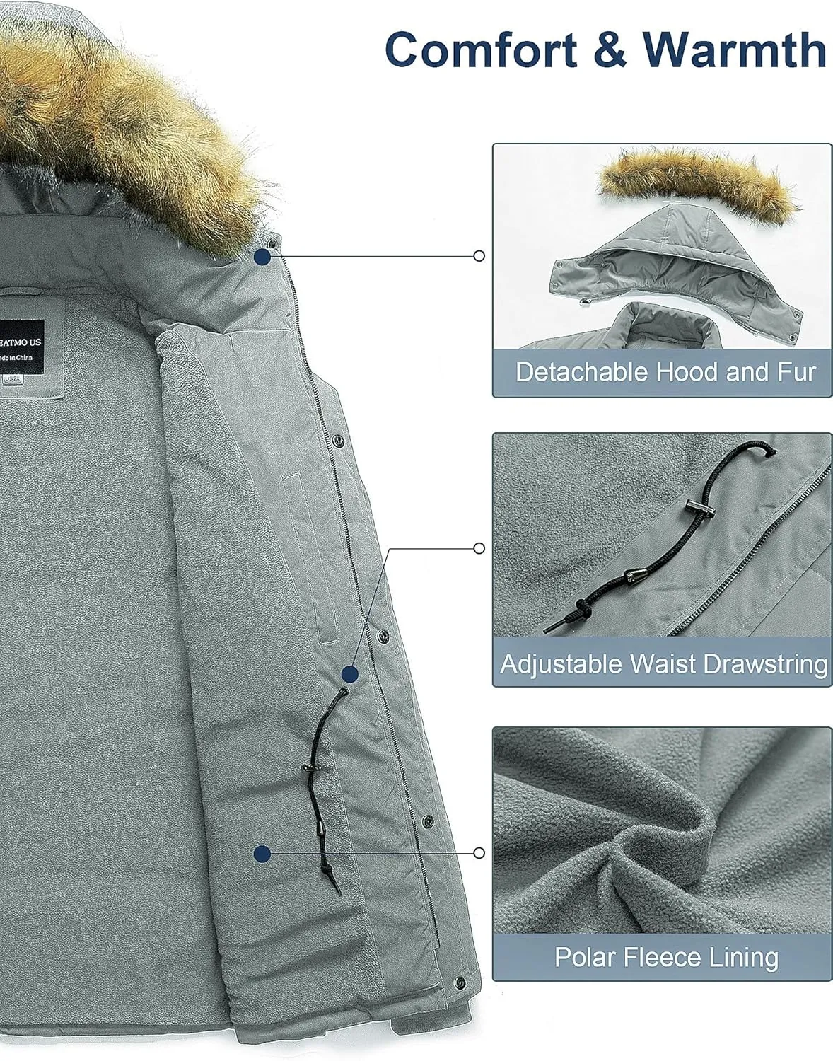 CREATMO US Men's Big and Tall Winter Coat Waterprpoof Long Puffer Jacket Thicken Parka with Removable Fur Hooded
