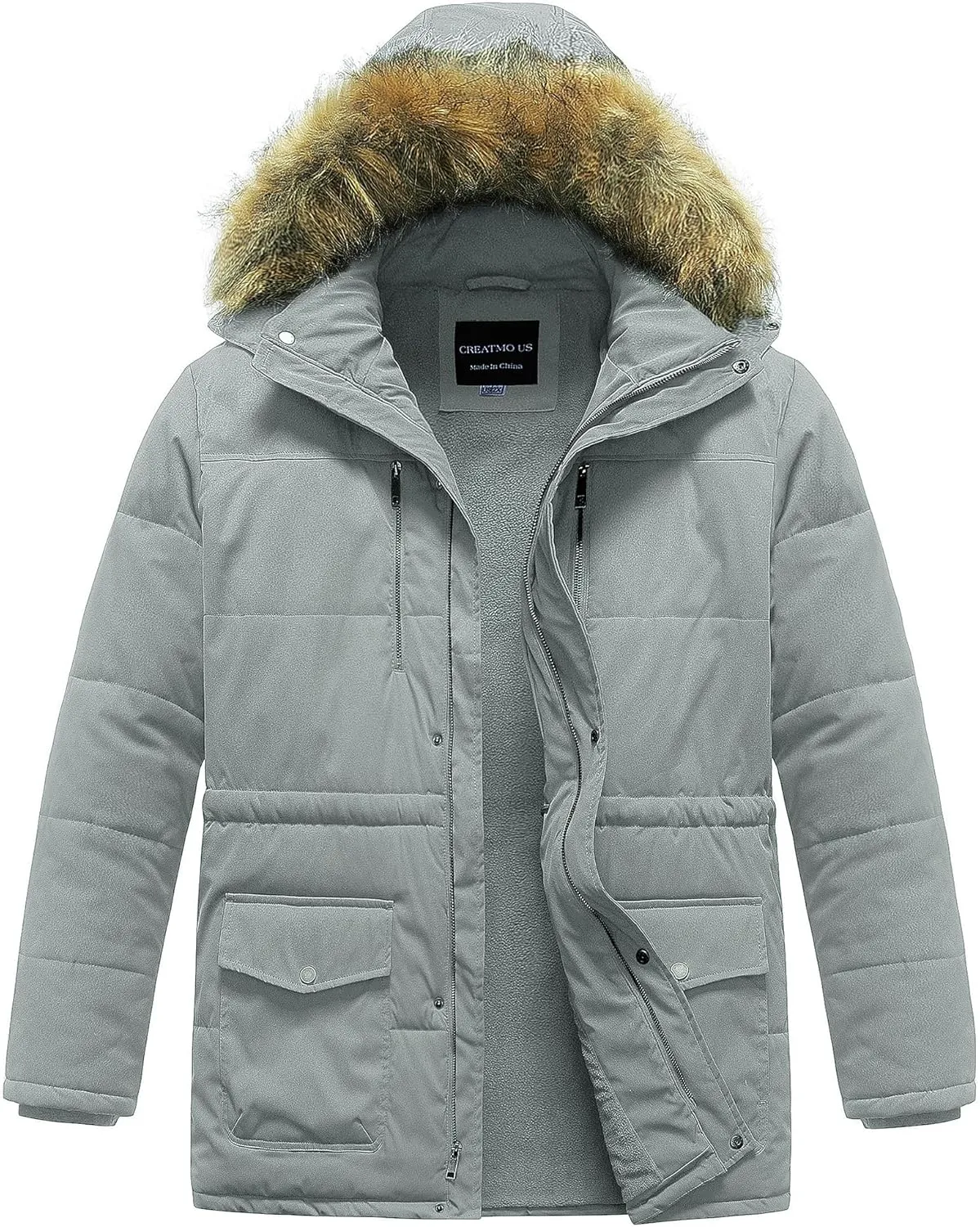 CREATMO US Men's Big and Tall Winter Coat Waterprpoof Long Puffer Jacket Thicken Parka with Removable Fur Hooded