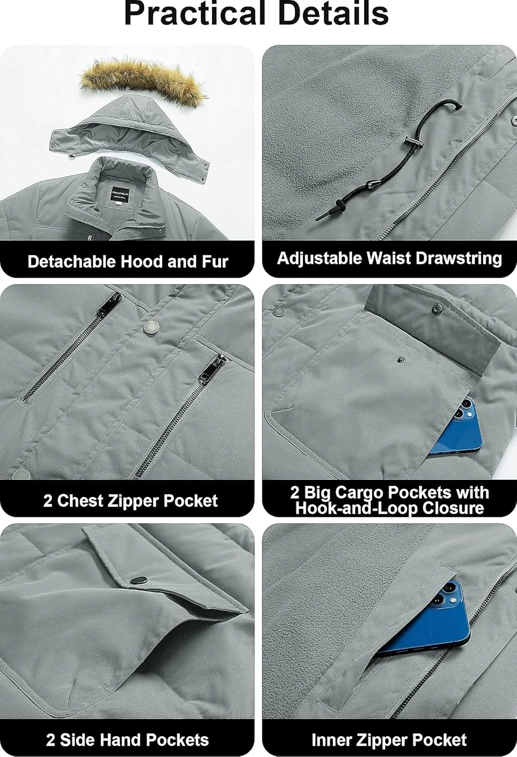 CREATMO US Men's Big and Tall Winter Coat Waterprpoof Long Puffer Jacket Thicken Parka with Removable Fur Hooded