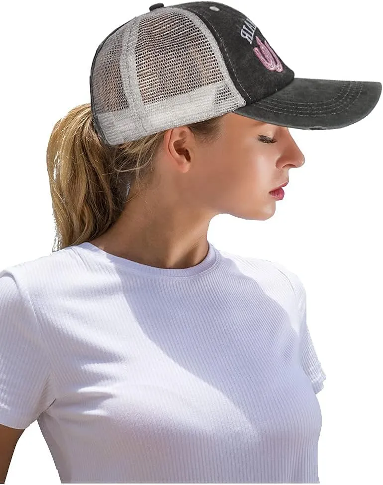 FADACHY Ponytail Hats for Women, Baseball Cap with Ponytail Hole, Embroidered High Mess Bun Pony Tail Mesh Back Caps