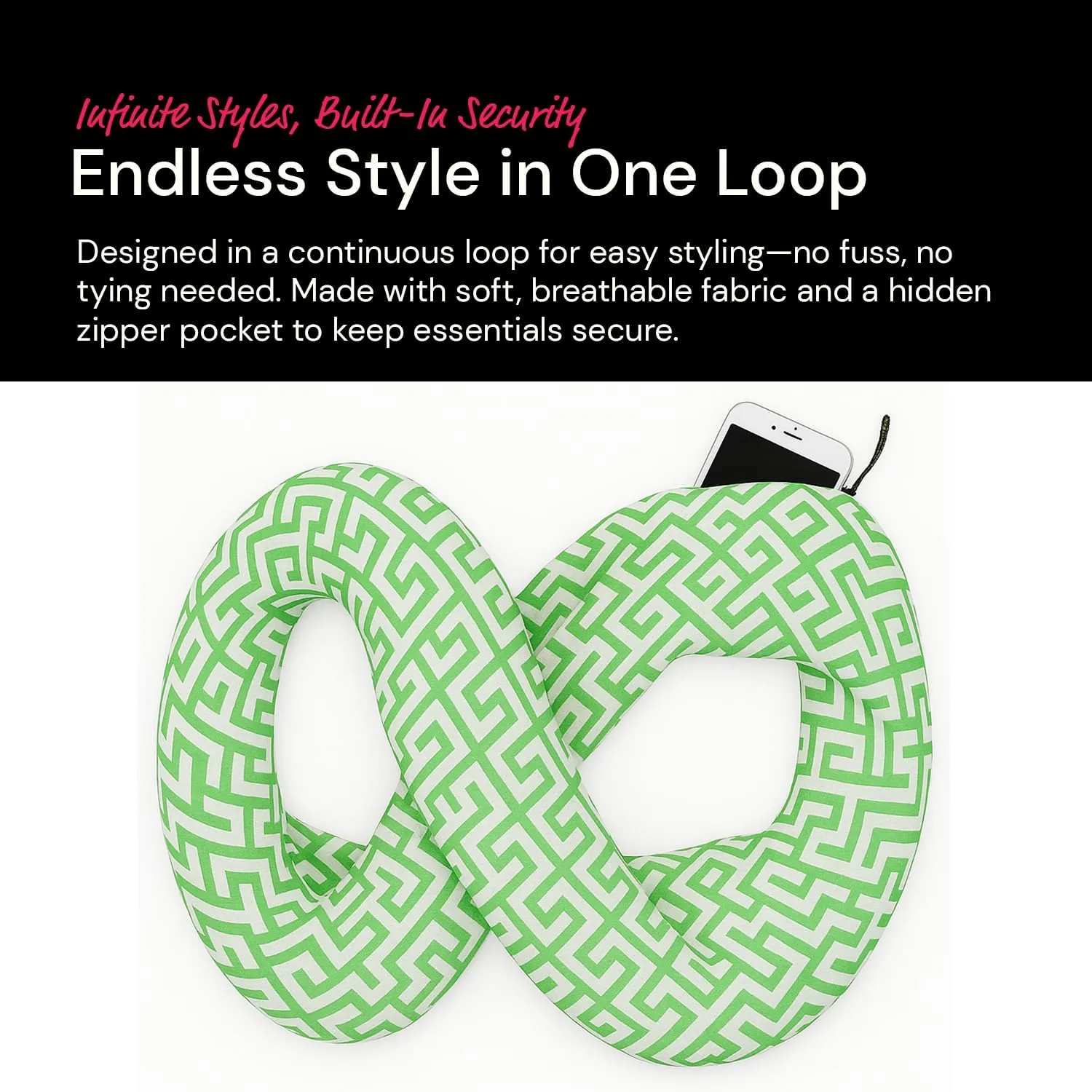 Infinity Scarf for Women - Travel Scarf with Hidden Pocket - Greek Key Pattern Scarves