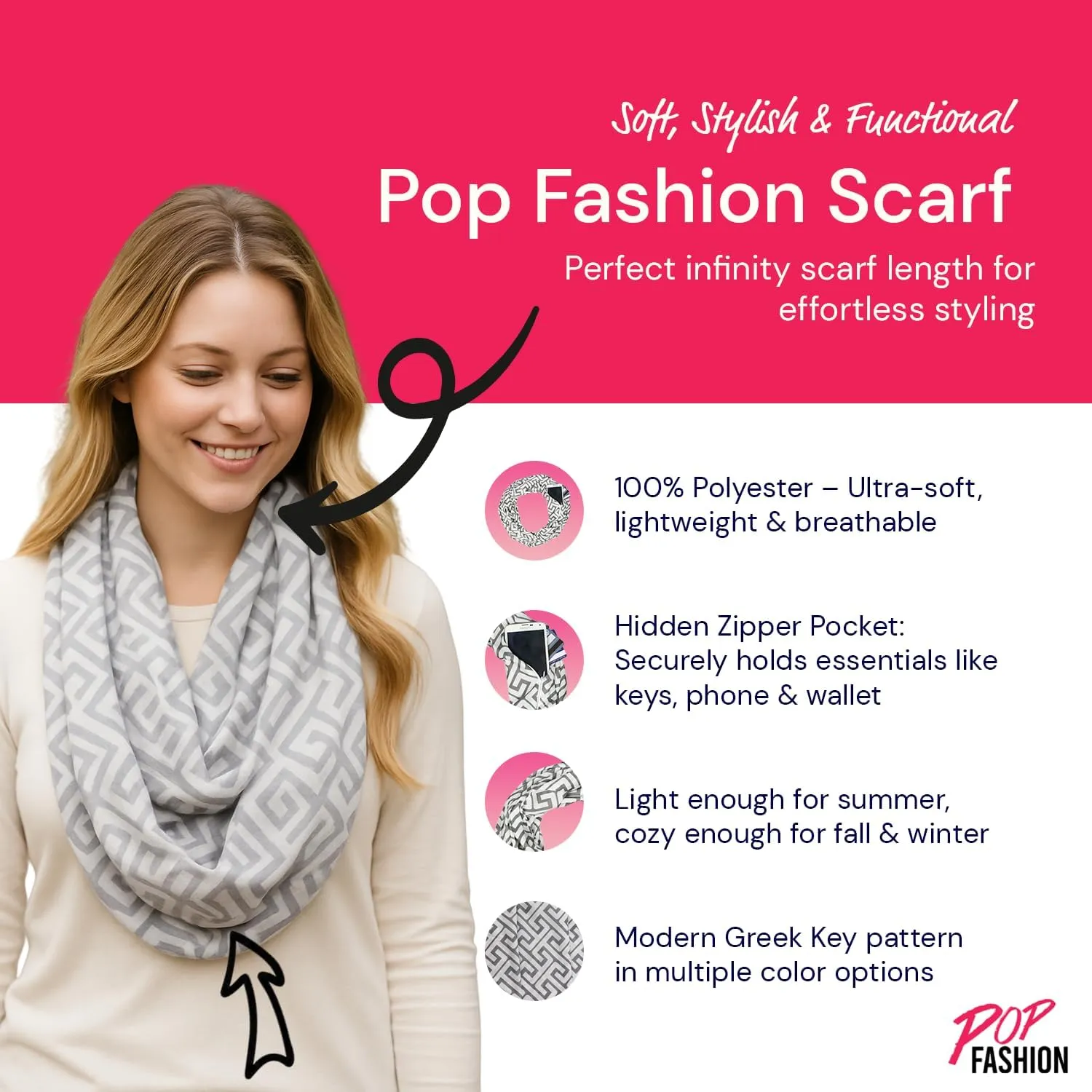 Infinity Scarf for Women - Travel Scarf with Hidden Pocket - Greek Key Pattern Scarves
