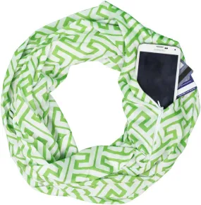 Infinity Scarf for Women - Travel Scarf with Hidden Pocket - Greek Key Pattern Scarves