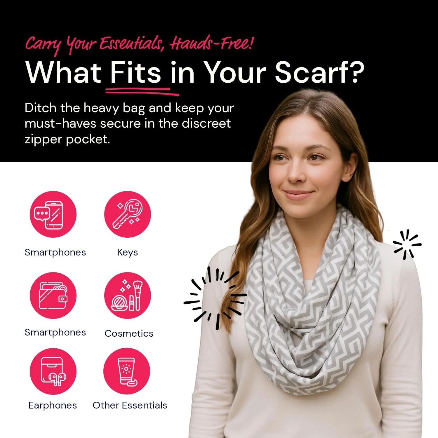 Infinity Scarf for Women - Travel Scarf with Hidden Pocket - Greek Key Pattern Scarves