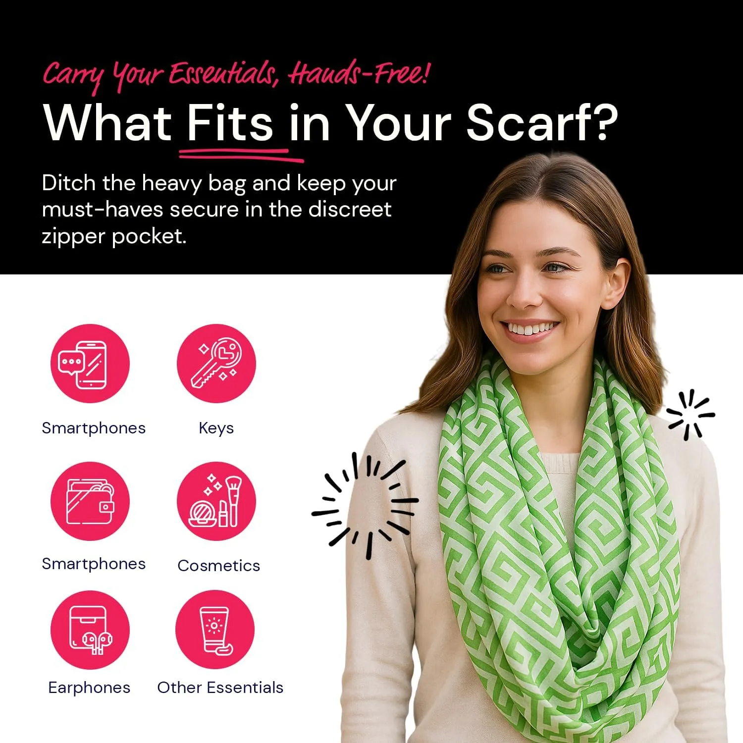 Infinity Scarf for Women - Travel Scarf with Hidden Pocket - Greek Key Pattern Scarves