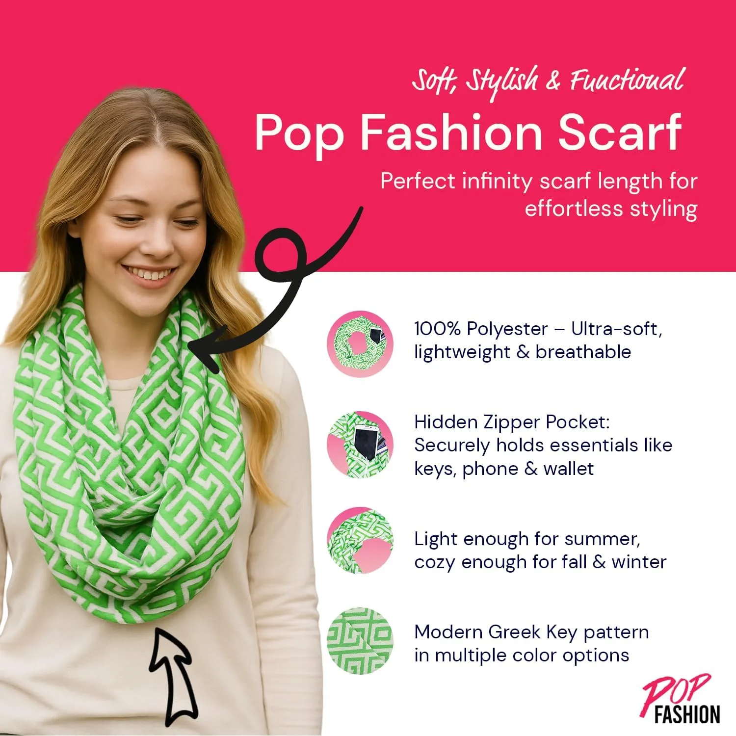 Infinity Scarf for Women - Travel Scarf with Hidden Pocket - Greek Key Pattern Scarves