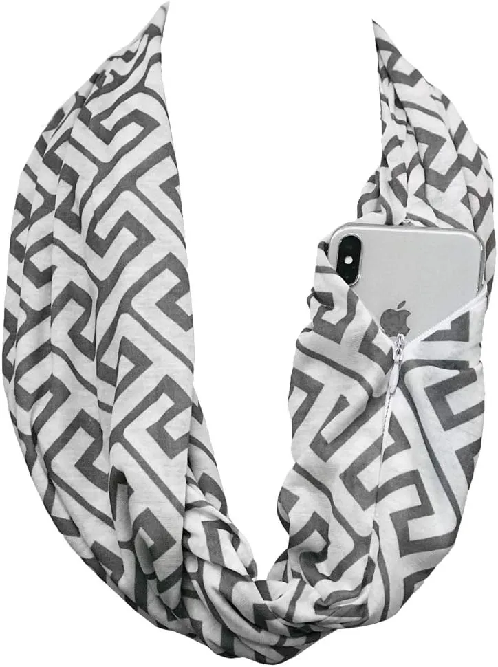 Infinity Scarf for Women - Travel Scarf with Hidden Pocket - Greek Key Pattern Scarves
