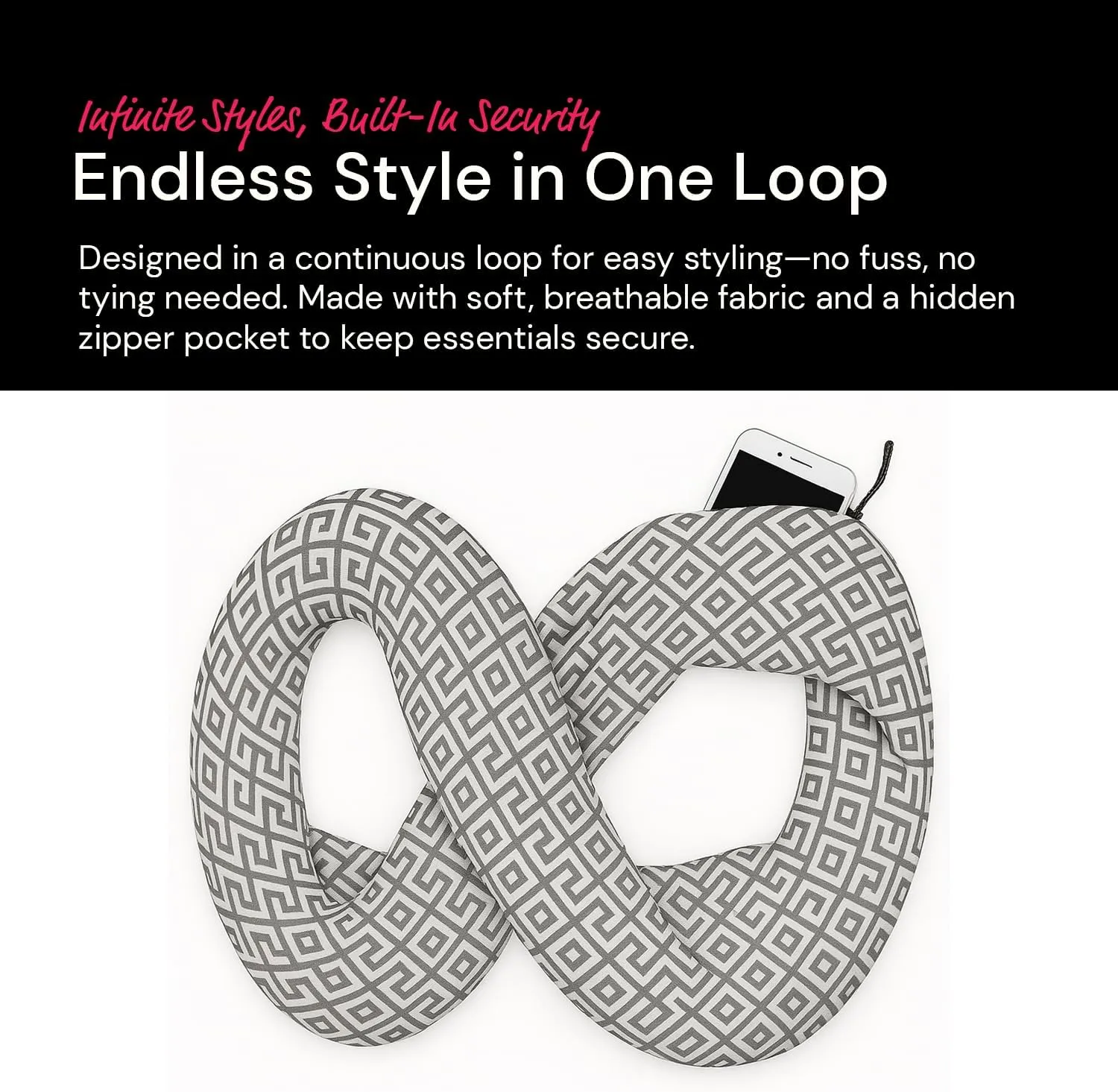 Infinity Scarf for Women - Travel Scarf with Hidden Pocket - Greek Key Pattern Scarves