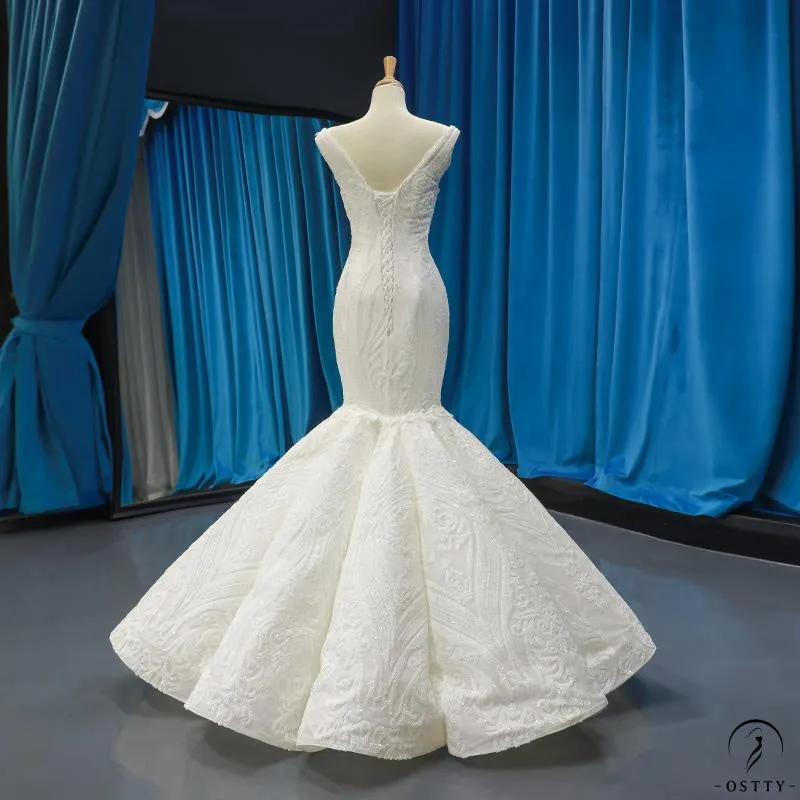Korean-Style off-Shoulder Bridal Waist Slimming Fishtail Wedding Dress Simple Sequined Floor-Length Dress