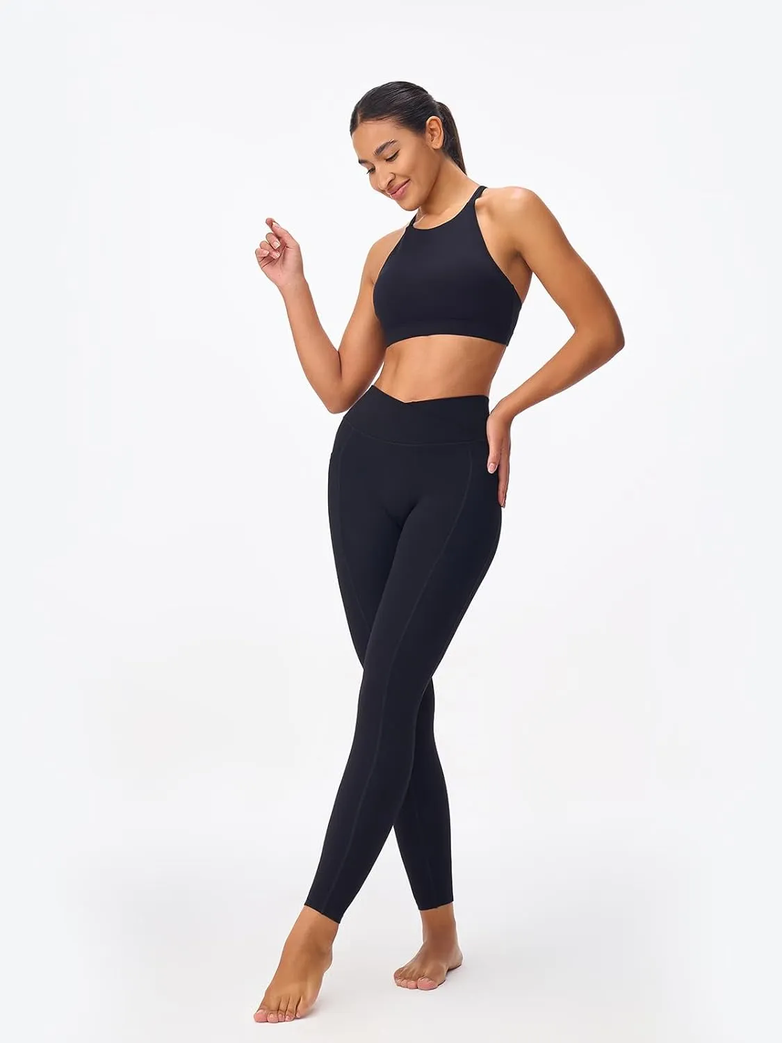 Leggings for Tall Slender Women Cross Waist Compression Leggings Athletic Workout High Waisted Running Pants Pockets