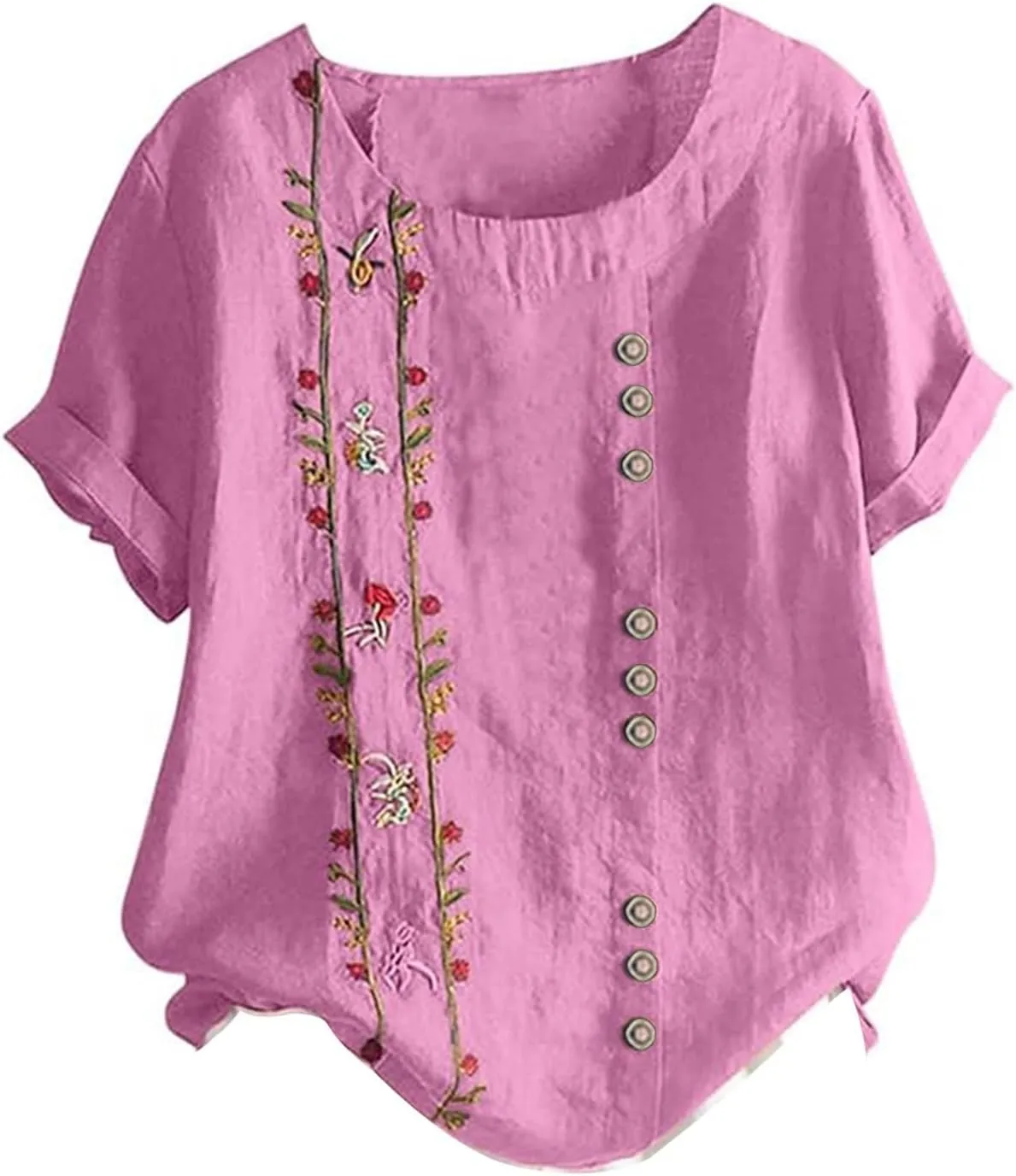 Linen Button-Down Shirt for Women - Floral Embroidered Short Sleeve, Lightweight & Airy, Beach to Office Wear