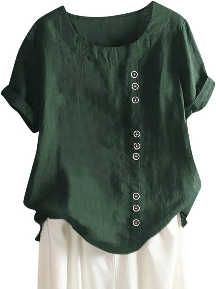Linen Button-Down Shirt for Women - Floral Embroidered Short Sleeve, Lightweight & Airy, Beach to Office Wear
