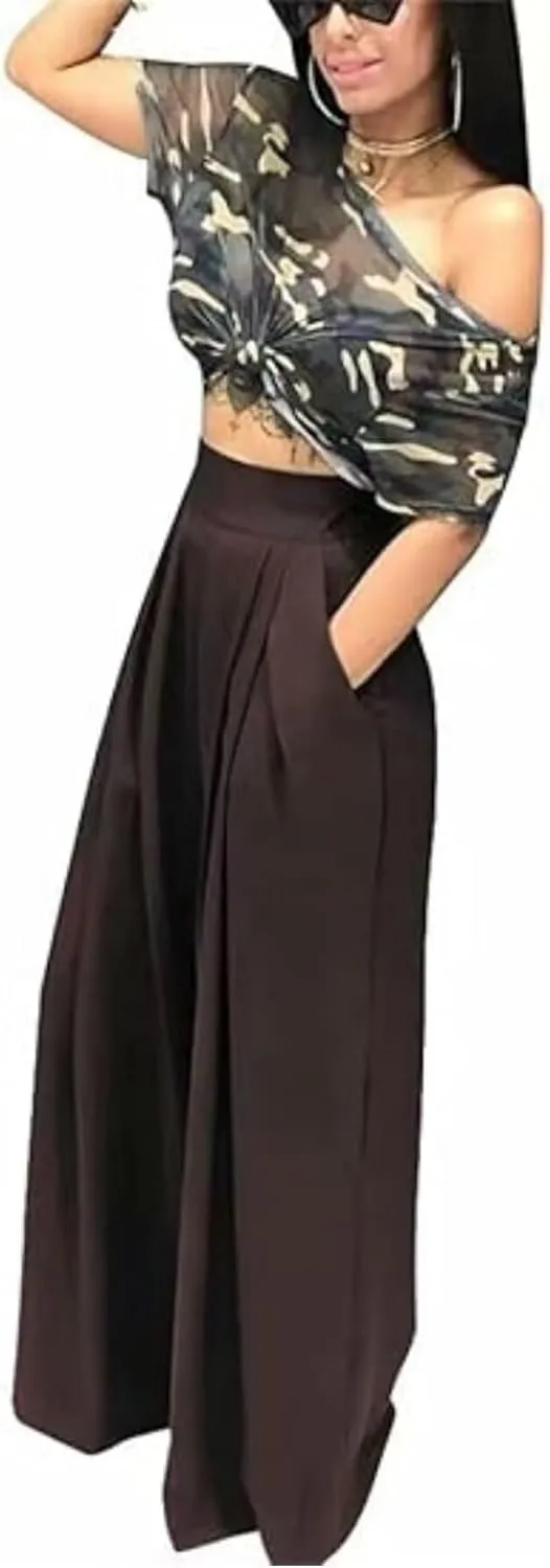 LROSEY Women Casual Stretchy Wide Leg Palazzo Pants with Pockets Flowy Dress Pants High Waisted Trousers