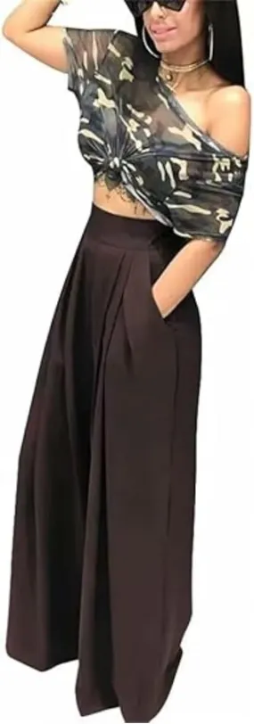 LROSEY Women Casual Stretchy Wide Leg Palazzo Pants with Pockets Flowy Dress Pants High Waisted Trousers