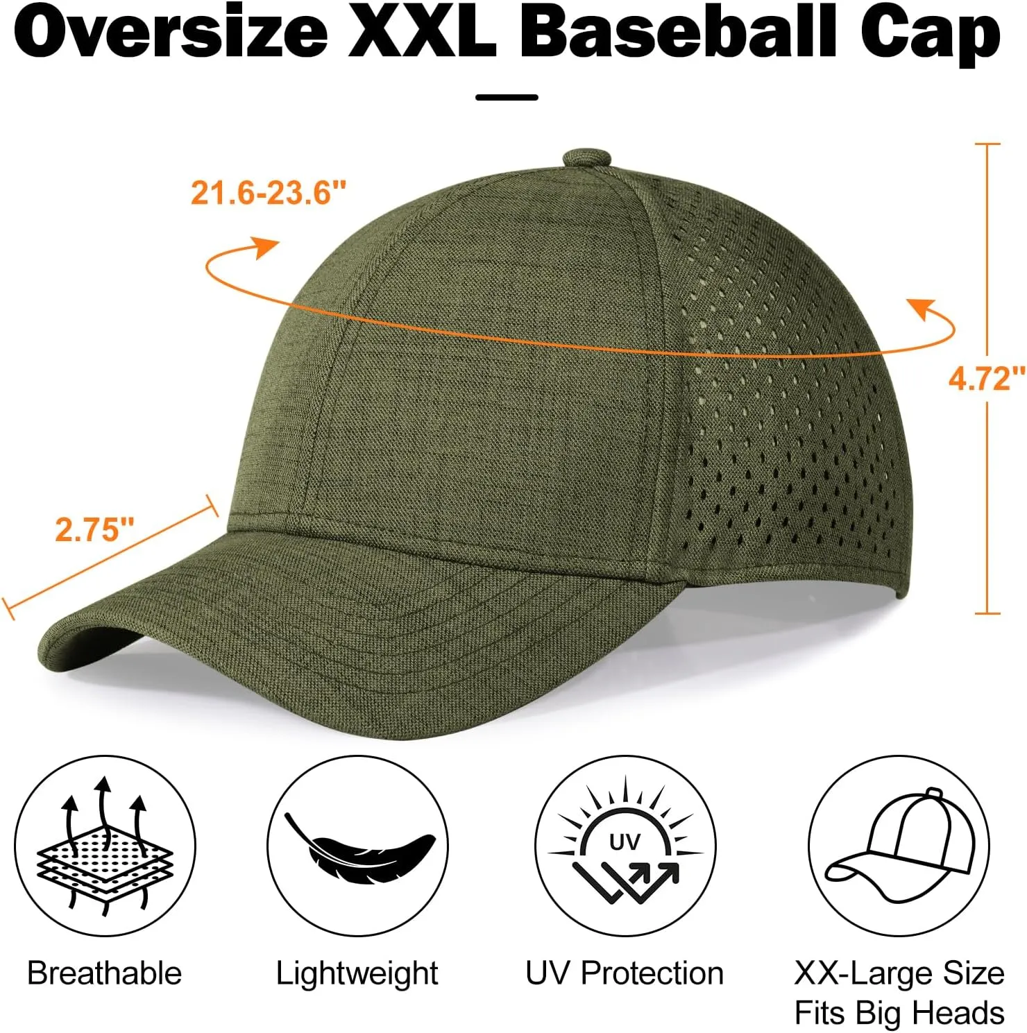 Men's Oversize XXL Baseball Cap Adjustable Performance Snapback Hat Laser Perforated Cap Plus Size for Big Head