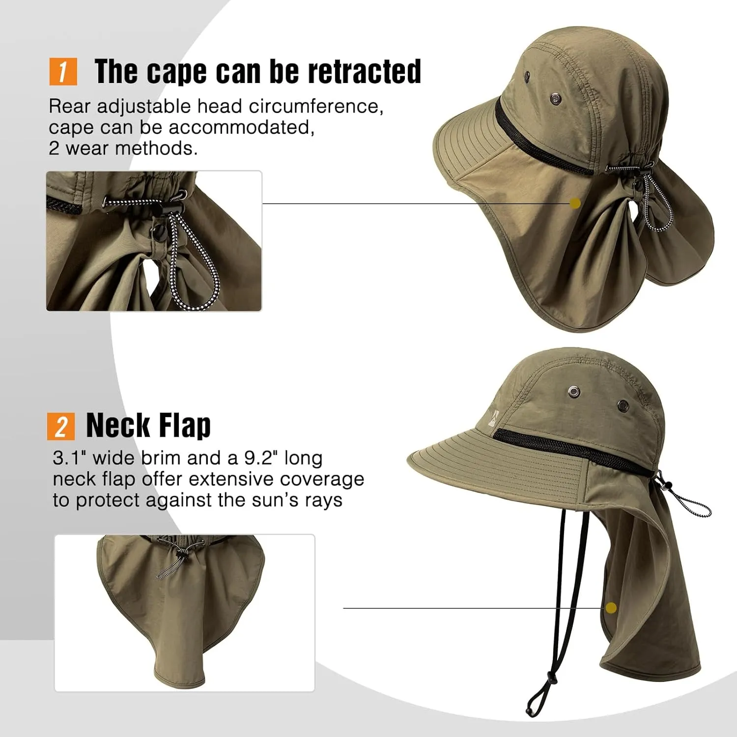 Oversized XL XXL Mens Sun Hat Big Head Neck Flap Shade Waterproof UPF50  Wide Brim Hat Fishing Safari Hiking
