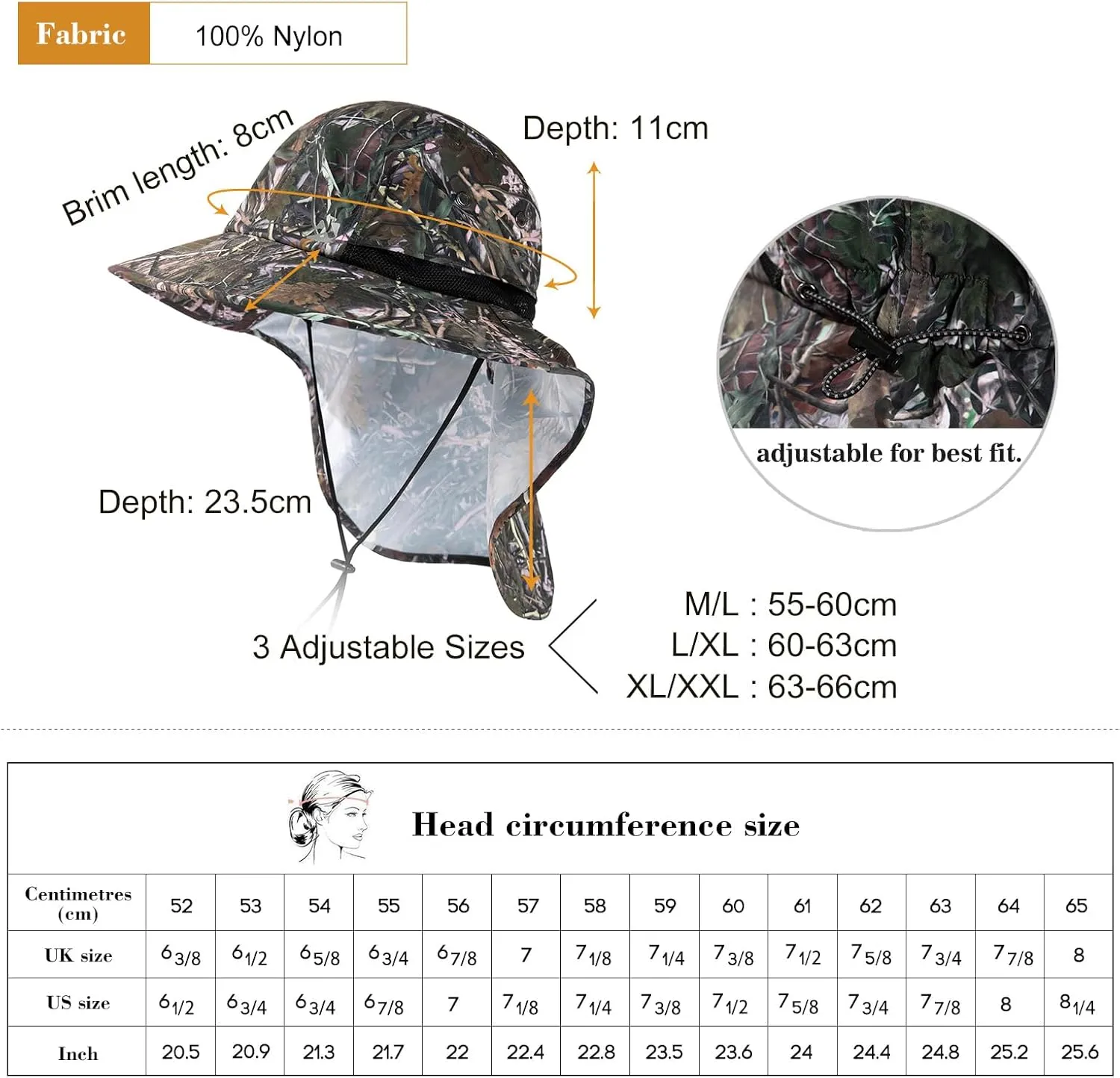 Oversized XL XXL Mens Sun Hat Big Head Neck Flap Shade Waterproof UPF50  Wide Brim Hat Fishing Safari Hiking