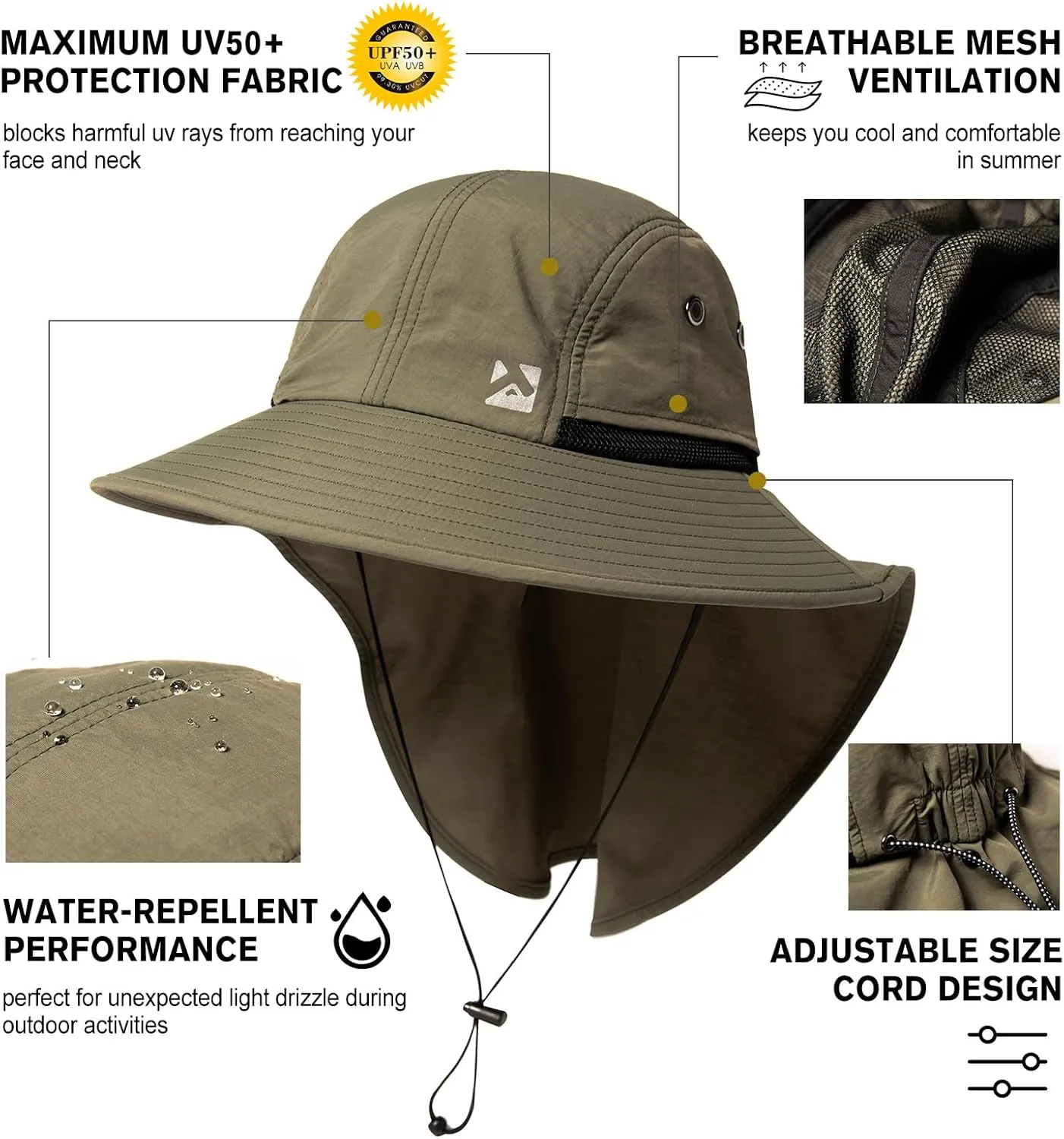 Oversized XL XXL Mens Sun Hat Big Head Neck Flap Shade Waterproof UPF50  Wide Brim Hat Fishing Safari Hiking