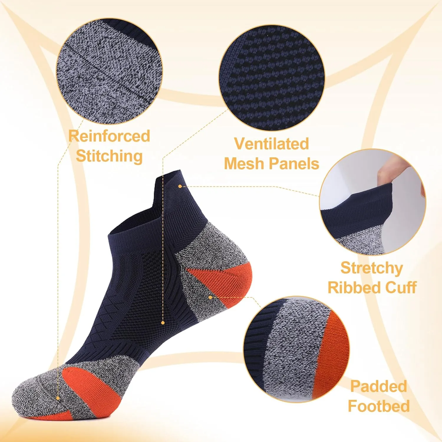 Running Socks - Anti-Slip Cushioned, Y-Heel & Seamless Toe, Coolmax/Lycra for Gym, Sports, Basketball (1-Pair)