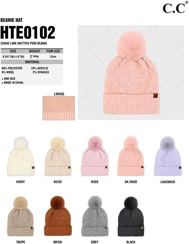 ScarvesMe Soft Warm Solid Color Chain Link Knitted Pom Beanie Winter Hat