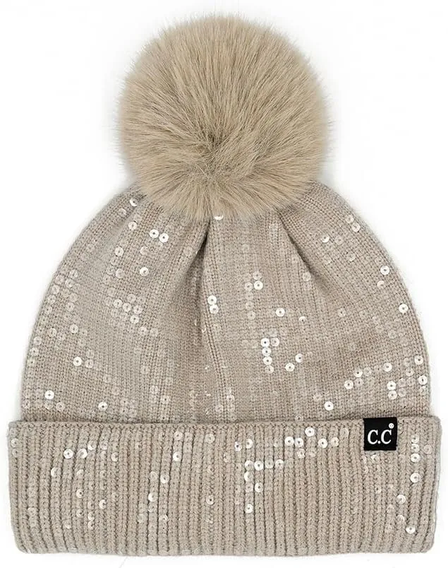 ScarvesMe Women Winter Soft Knit All Over Shiny Star Sequin Beanie Hat with Fur Pom