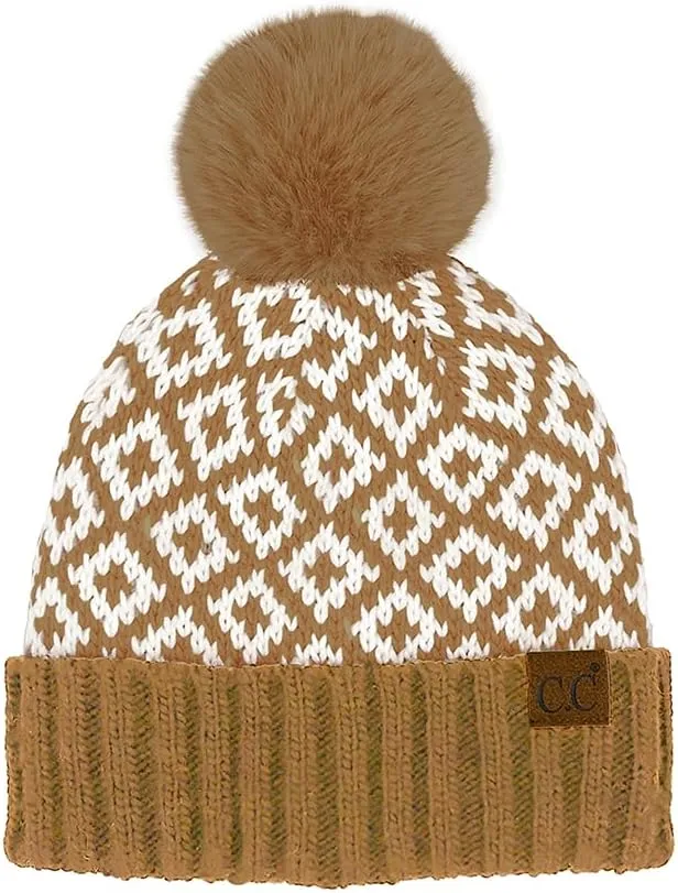 ScarvesMe Women's Winter Soft Knit Aztec Pattern Beanie with Faux Fur Pom