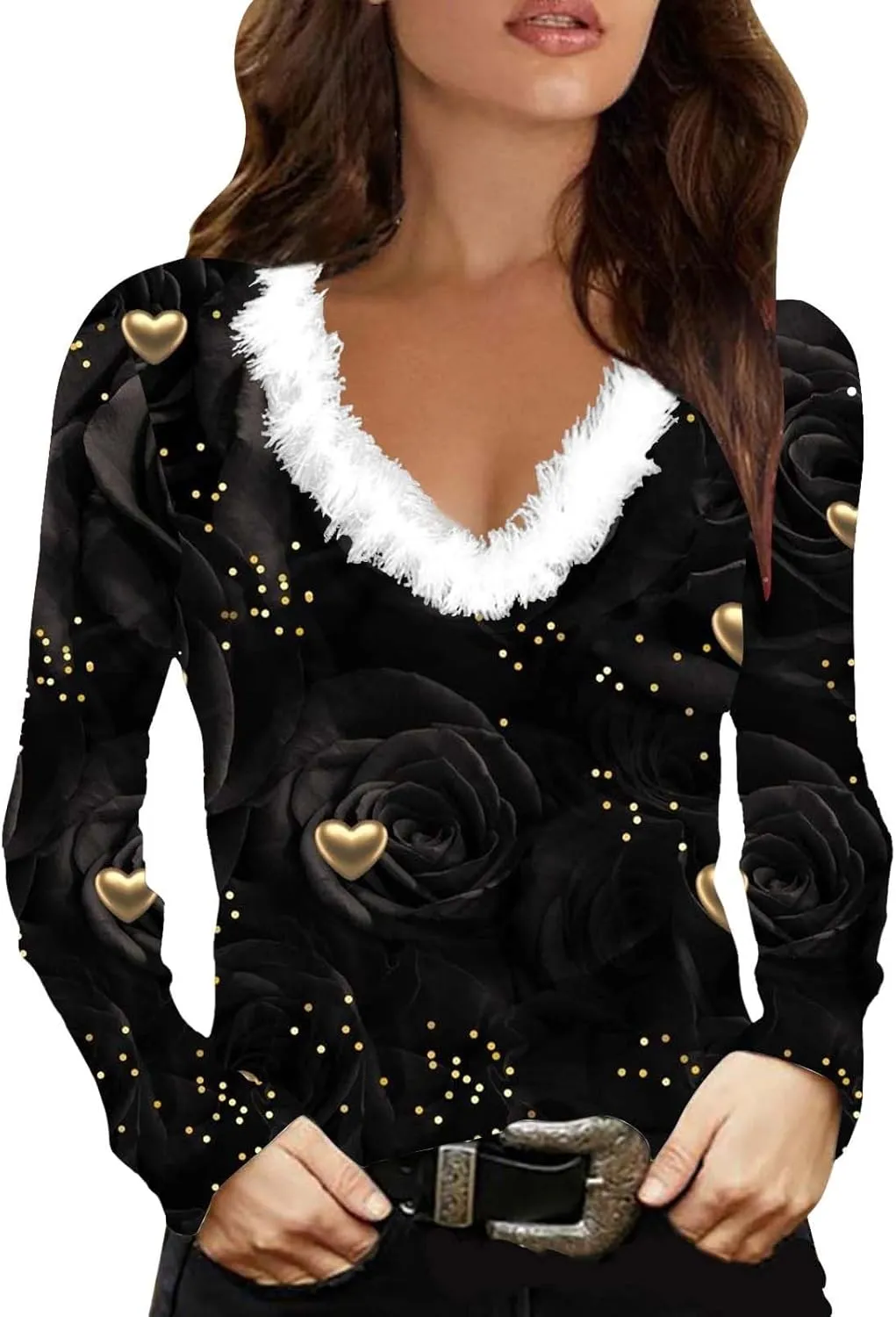 Stylish Valentine's Day Blouses for Women Slim Fit Faux Fur Trim V Neck Tops Love Heart Print Casual Long Sleeve Tunic Shirts