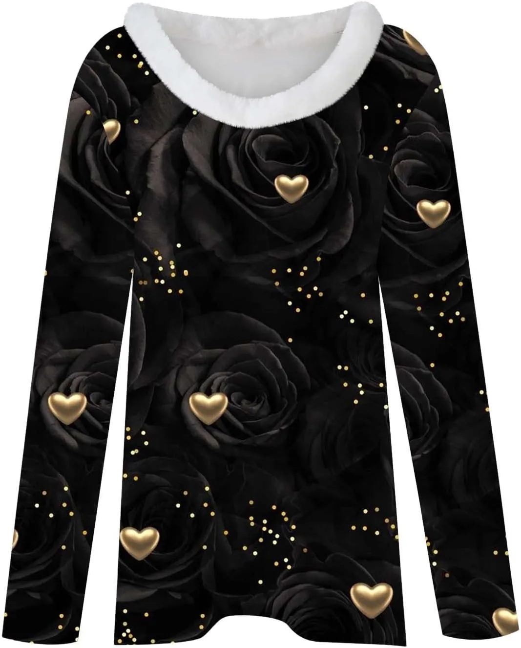 Stylish Valentine's Day Blouses for Women Slim Fit Faux Fur Trim V Neck Tops Love Heart Print Casual Long Sleeve Tunic Shirts