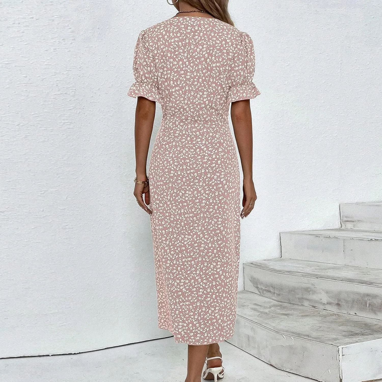 Summer Dresses for Women 2025 Vacation Sexy Warp V Neck Puff Short Sleeve Wedding Guest Dress Casual Church Dress