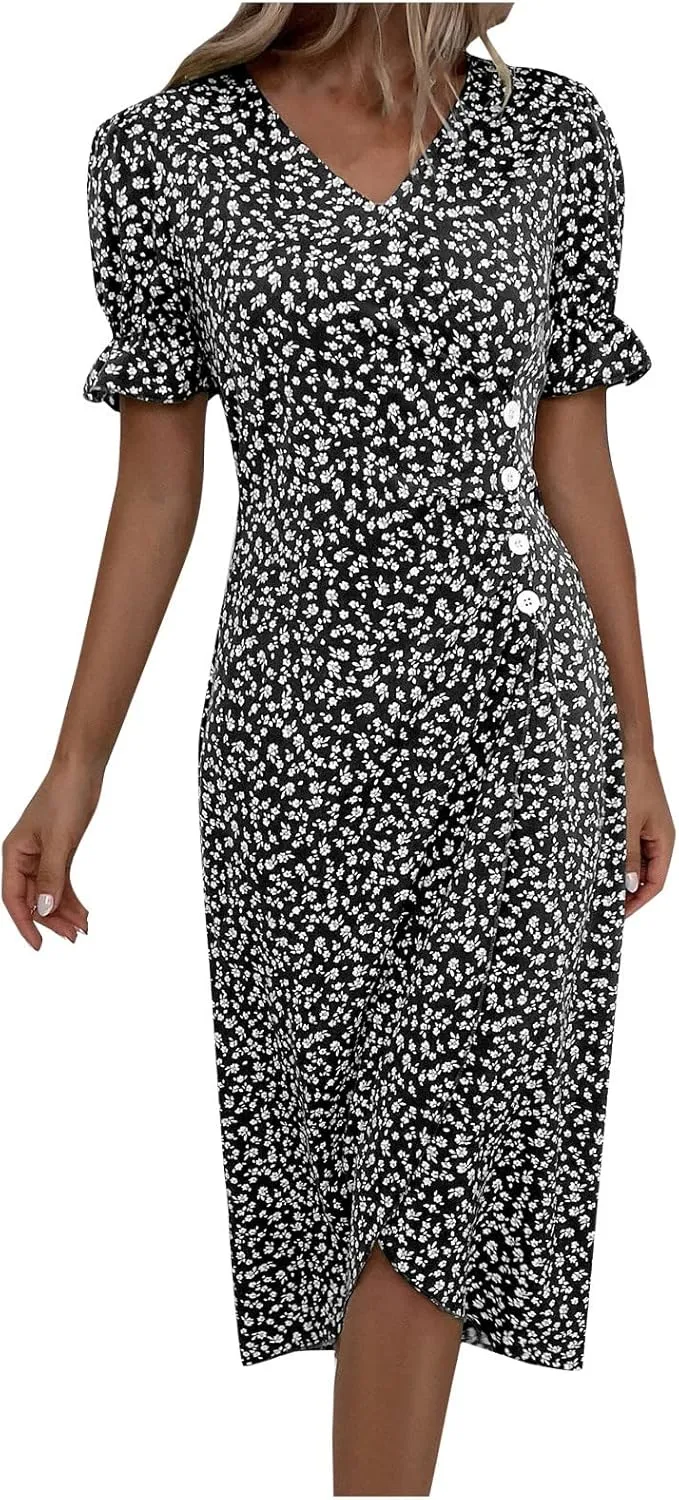 Summer Dresses for Women 2025 Vacation Sexy Warp V Neck Puff Short Sleeve Wedding Guest Dress Casual Church Dress
