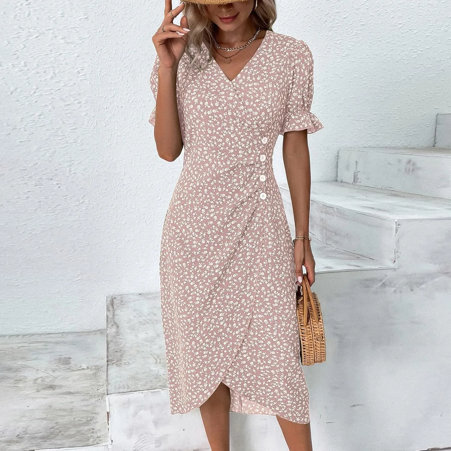 Summer Dresses for Women 2025 Vacation Sexy Warp V Neck Puff Short Sleeve Wedding Guest Dress Casual Church Dress