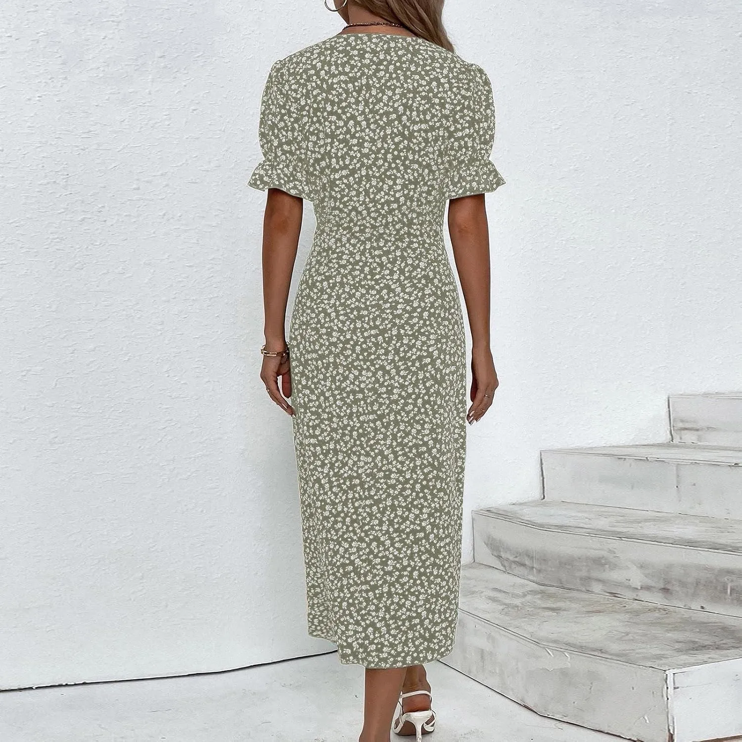 Summer Dresses for Women 2025 Vacation Sexy Warp V Neck Puff Short Sleeve Wedding Guest Dress Casual Church Dress