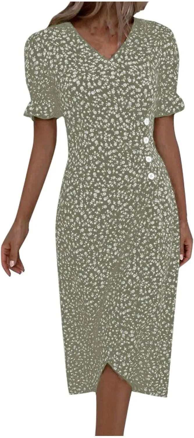 Summer Dresses for Women 2025 Vacation Sexy Warp V Neck Puff Short Sleeve Wedding Guest Dress Casual Church Dress
