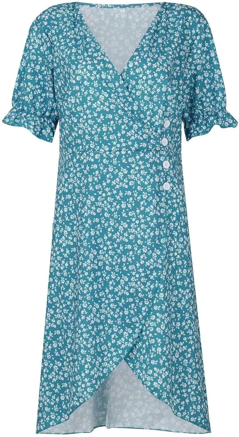 Summer Dresses for Women 2025 Vacation Sexy Warp V Neck Puff Short Sleeve Wedding Guest Dress Casual Church Dress