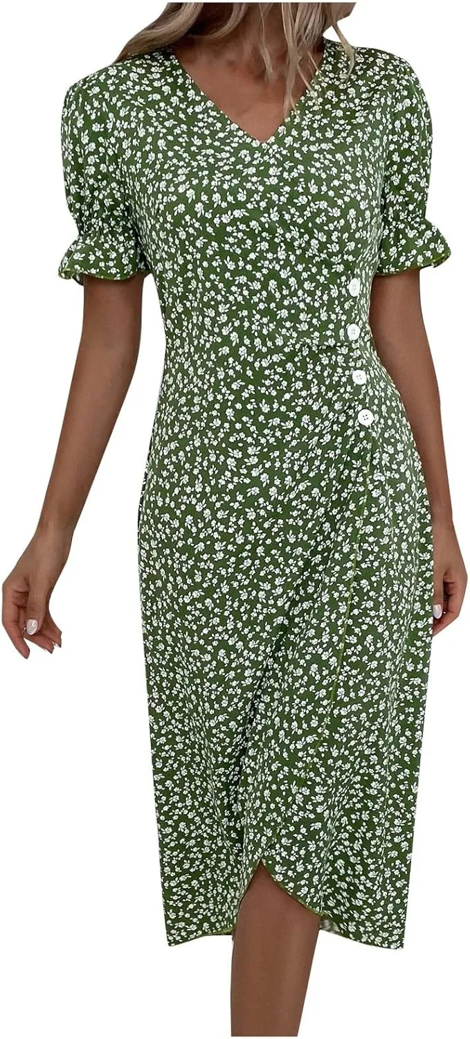 Summer Dresses for Women 2025 Vacation Sexy Warp V Neck Puff Short Sleeve Wedding Guest Dress Casual Church Dress