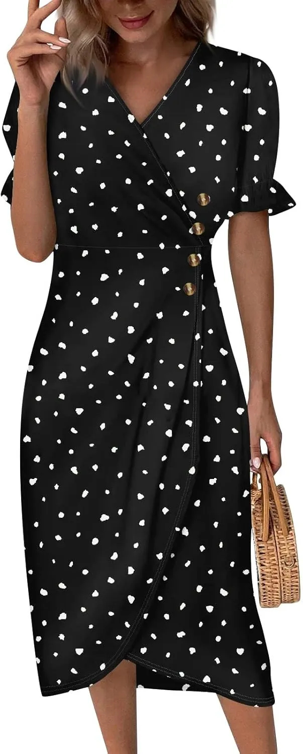 Summer Dresses for Women 2025 Vacation Sexy Warp V Neck Puff Short Sleeve Wedding Guest Dress Casual Church Dress