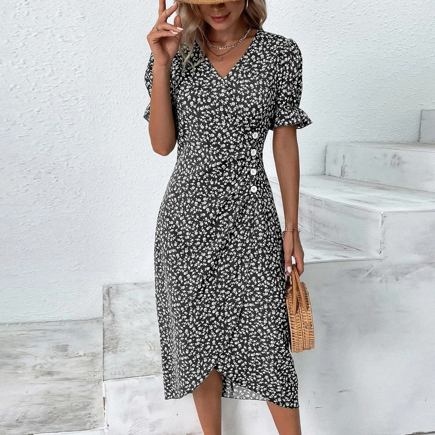 Summer Dresses for Women 2025 Vacation Sexy Warp V Neck Puff Short Sleeve Wedding Guest Dress Casual Church Dress