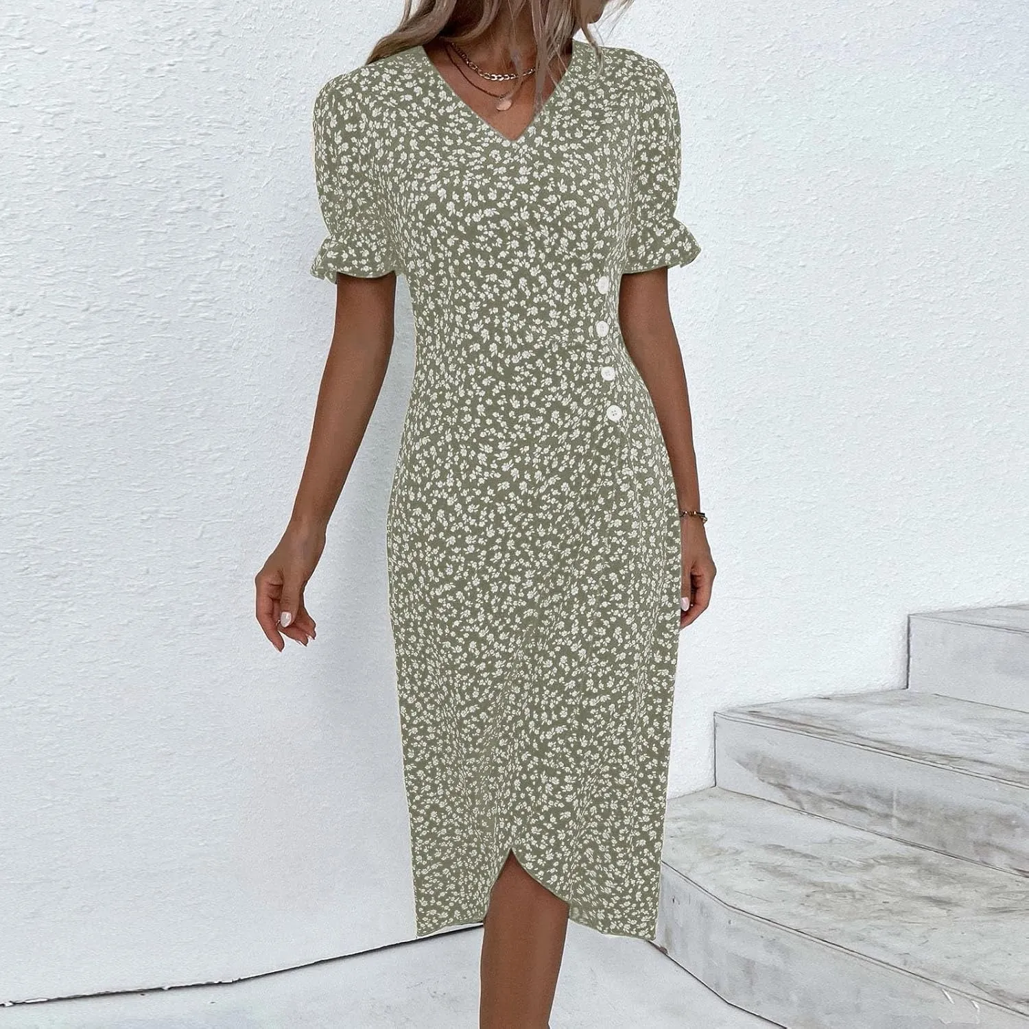 Summer Dresses for Women 2025 Vacation Sexy Warp V Neck Puff Short Sleeve Wedding Guest Dress Casual Church Dress